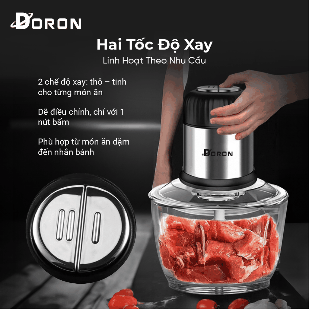 Máy xay thịt cối thủy tinh DORON_176, 800W dung tích 2l xay thịt cá, rau củ đa năng