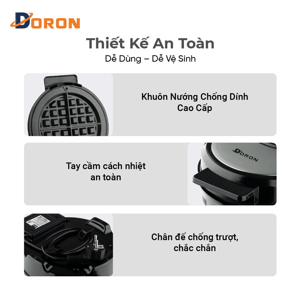 Máy làm bánh waffle bông lan đơn DORON_177, 1200W kiểm soát nhiệt độ chính xác, bánh thơm ngon