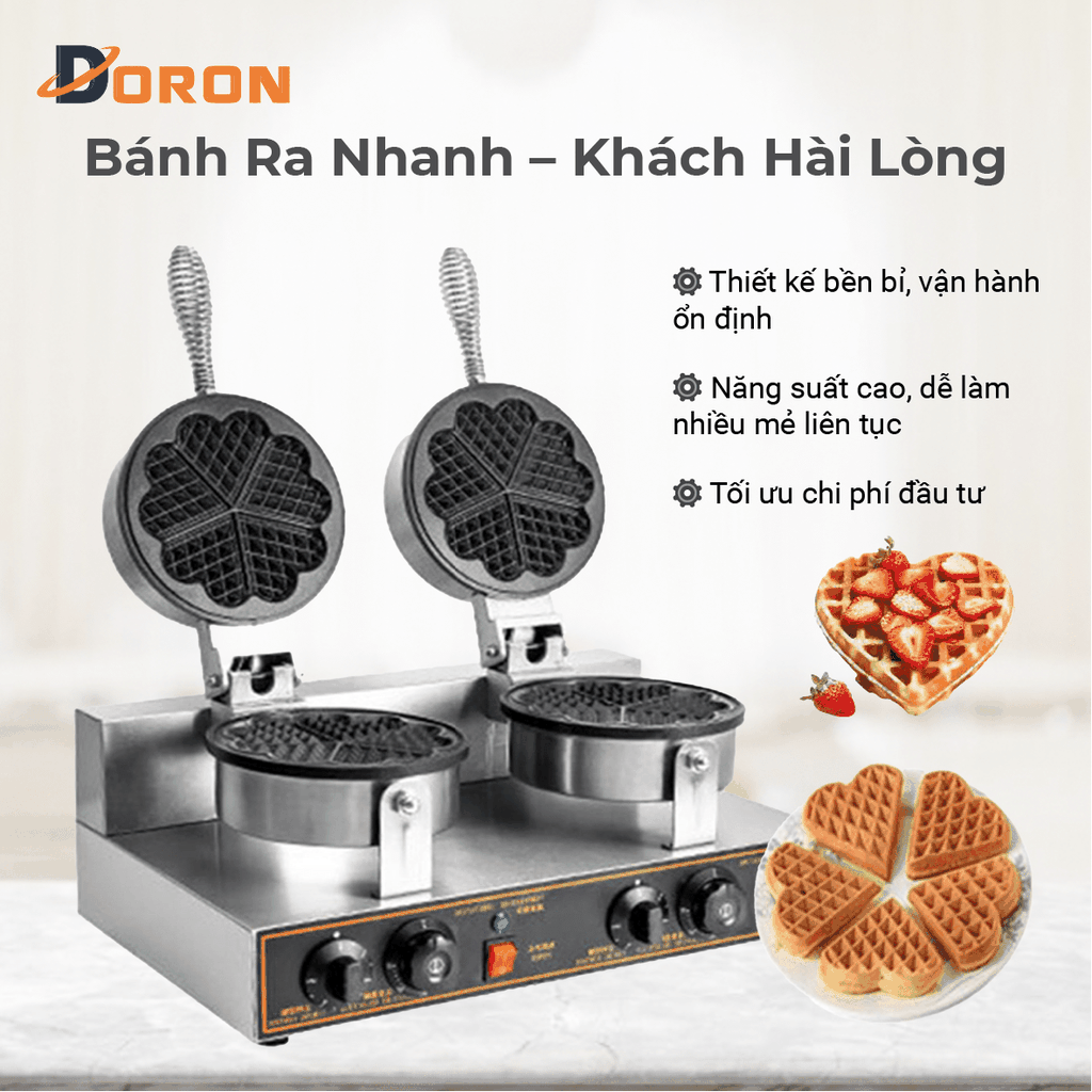 Máy làm bánh waffle công nghiệp đôi DORON_136, nướng bánh kẹp tàn ong khuôn trái tim