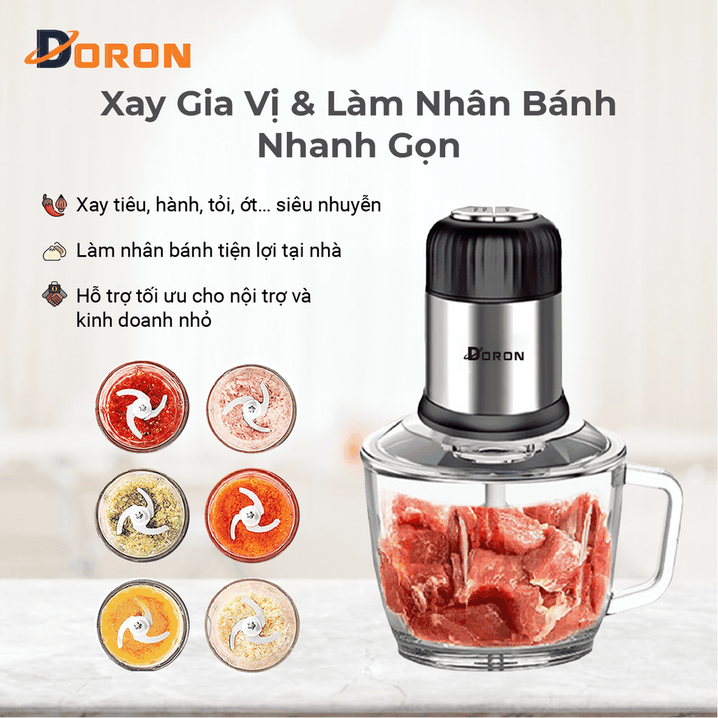 Máy xay thịt cối thủy tinh DORON_176, 800W dung tích 2l xay thịt cá, rau củ đa năng