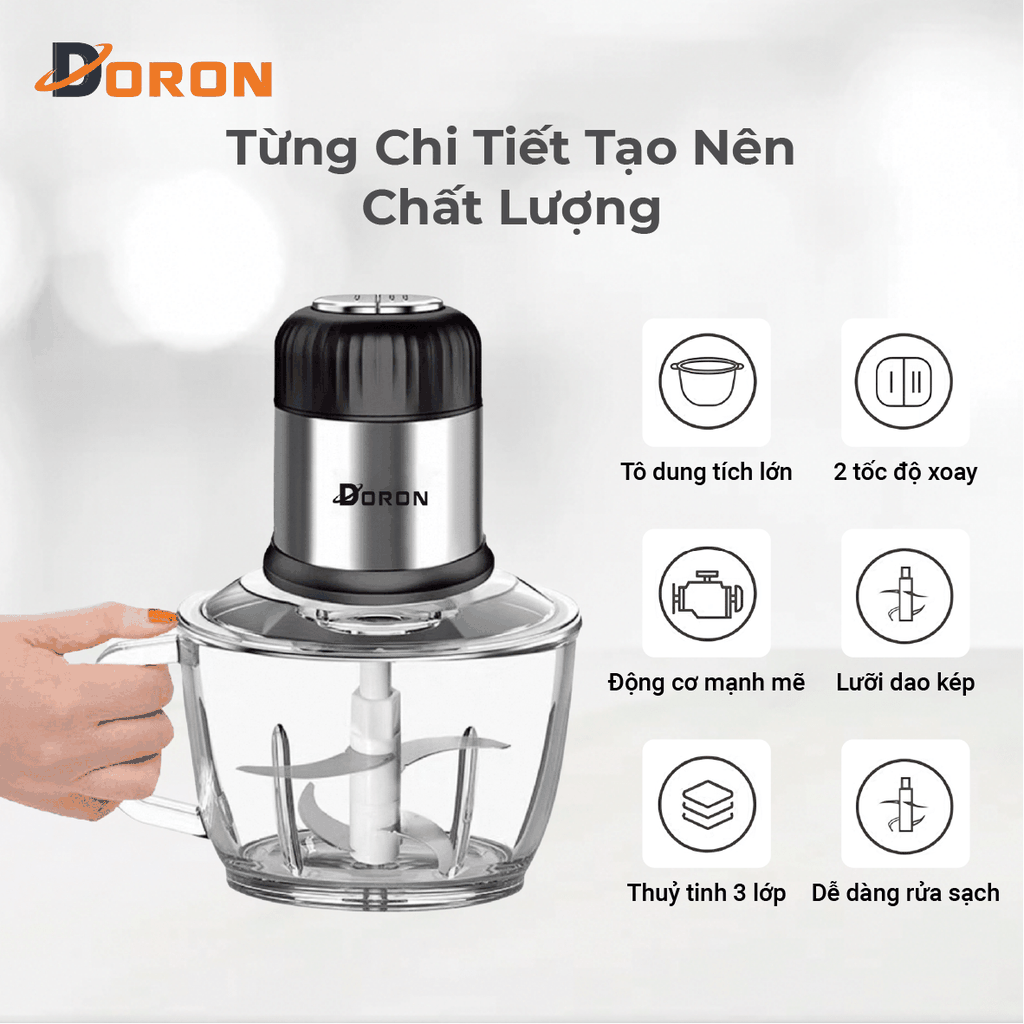 Máy xay thịt cối thủy tinh DORON_176, 800W dung tích 2l xay thịt cá, rau củ đa năng