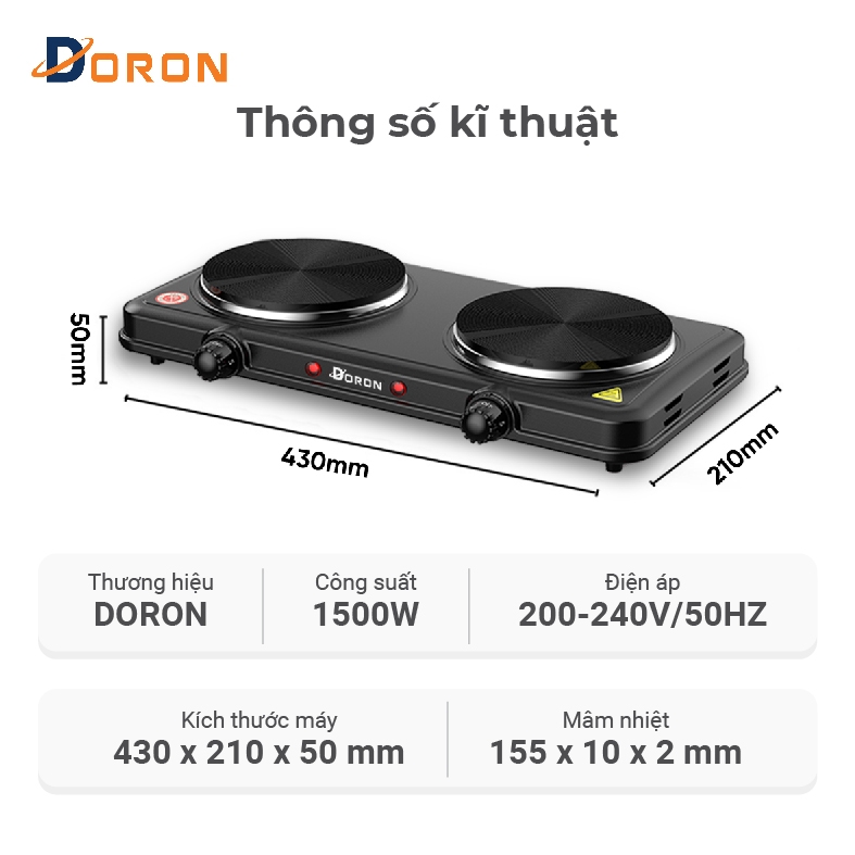 Bếp điện đôi đa năng DORON 3000W 5 mức điều chỉnh nhiệt, nóng nhanh giữ nhiệt lâu