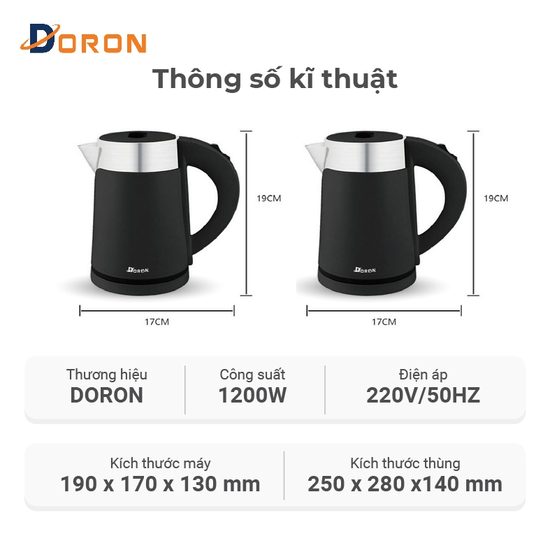 Ấm siêu tốc DORON 167 1200W dung tích 1l, tự ngắt điện khi sôi