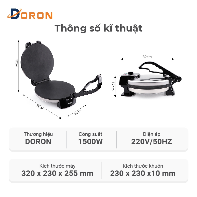 Máy làm bánh kếp mặt trơn DORON_165,  1500W nướng bánh pancake, crepe