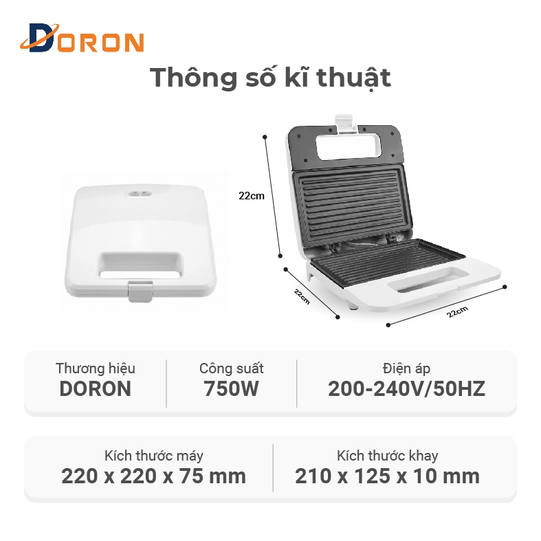 Máy nướng bánh mì DORON 802 750W gia nhiệt kép 2 mặt, chống dính telfon siêu bền
