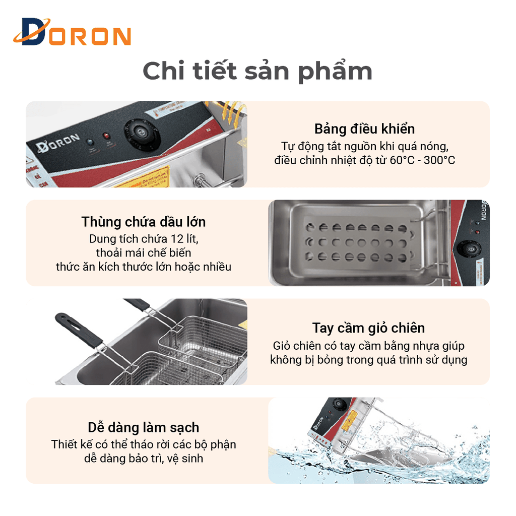 Bếp chiên nhúng điện 12L đơn DORON 3000W nhiệt độ cao, sôi cực nhanh