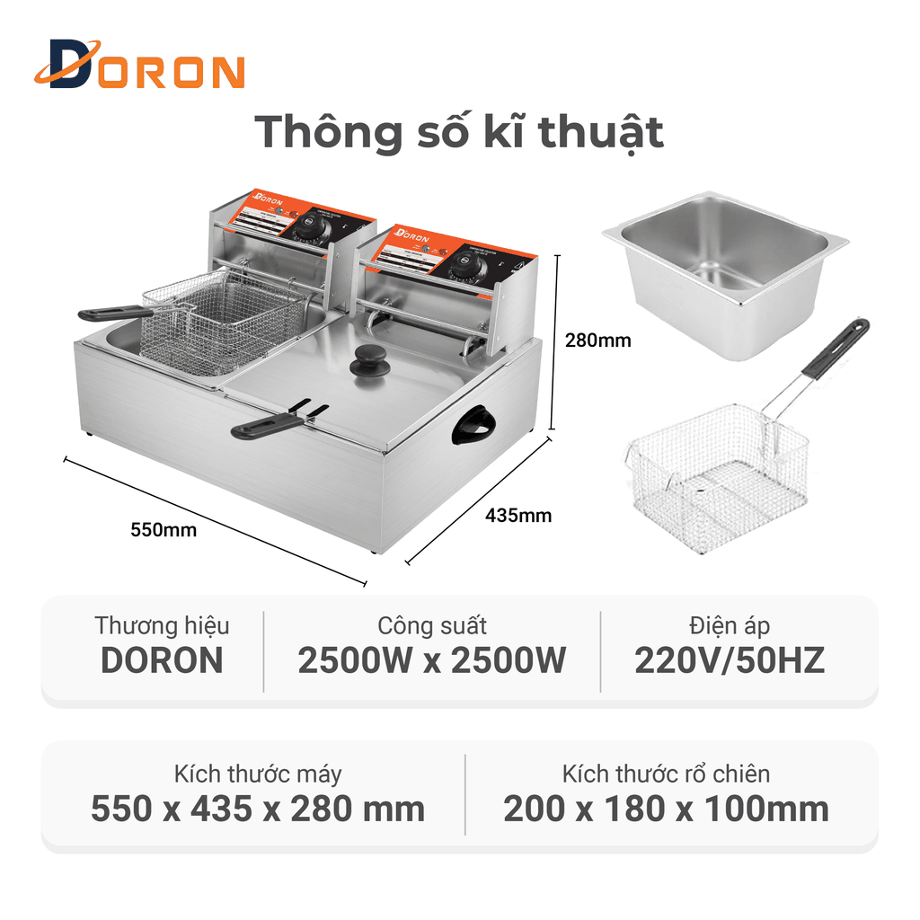 Bếp chiên nhúng điện 12L đôi DORON 5000W nhiệt độ cao, sôi cực nhanh