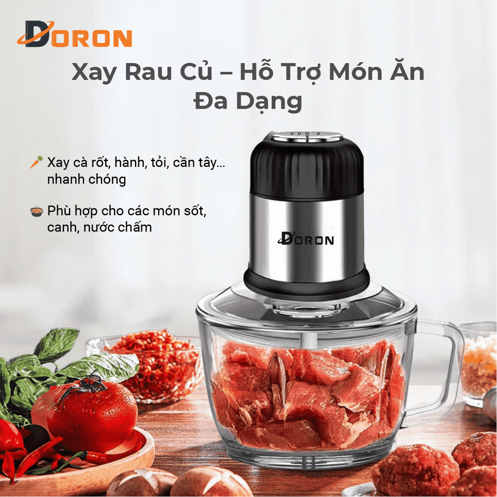 Máy xay thịt cối thủy tinh DORON_176, 800W dung tích 2l xay thịt cá, rau củ đa năng