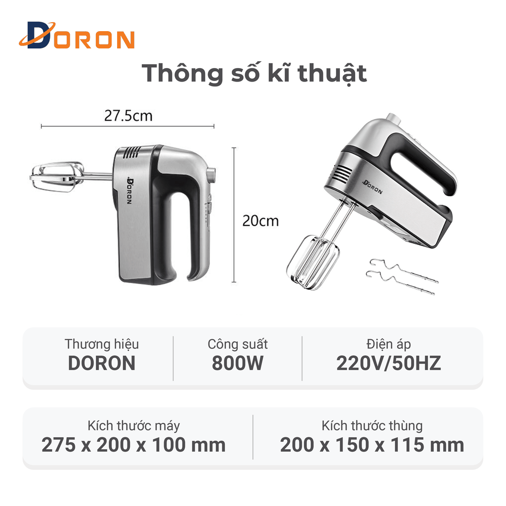 Máy đánh trứng, trộn bột DORON_175 800W kiểu dáng sang trọng, hoạt động êm ái
