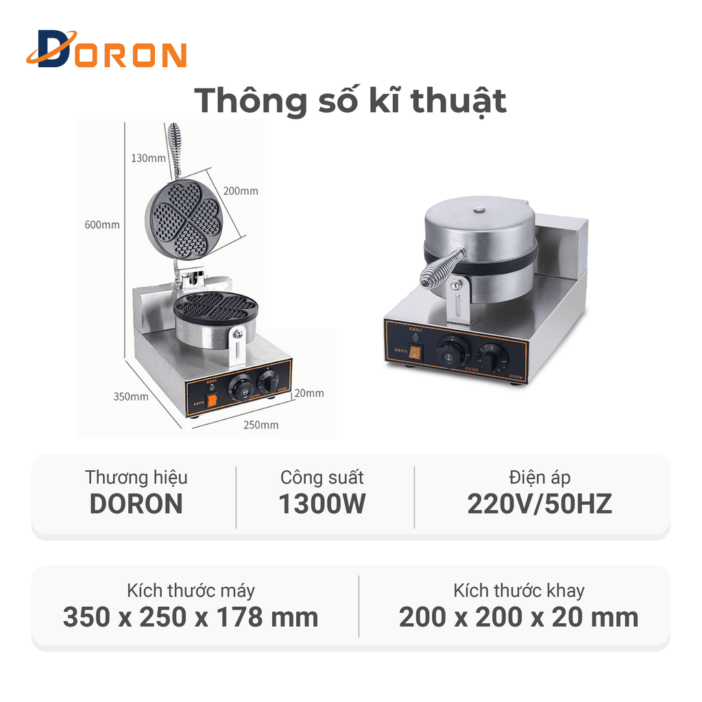Máy làm bánh waffle công nghiệp đơn DORON_135, nướng bánh kẹp tàn ong khuôn trái tim