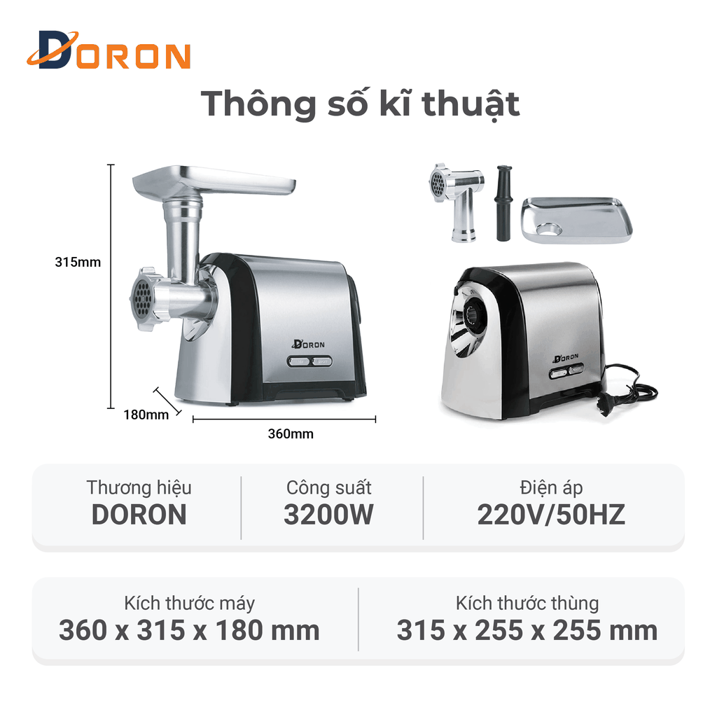 Máy đùn thịt DORON_171, 3200W xay thịt đa năng nhồi xúc xích, lạp xưởng