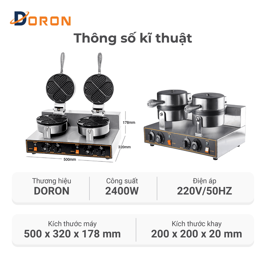Máy làm bánh waffle công nghiệp đôi DORON_136, nướng bánh kẹp tàn ong khuôn trái tim