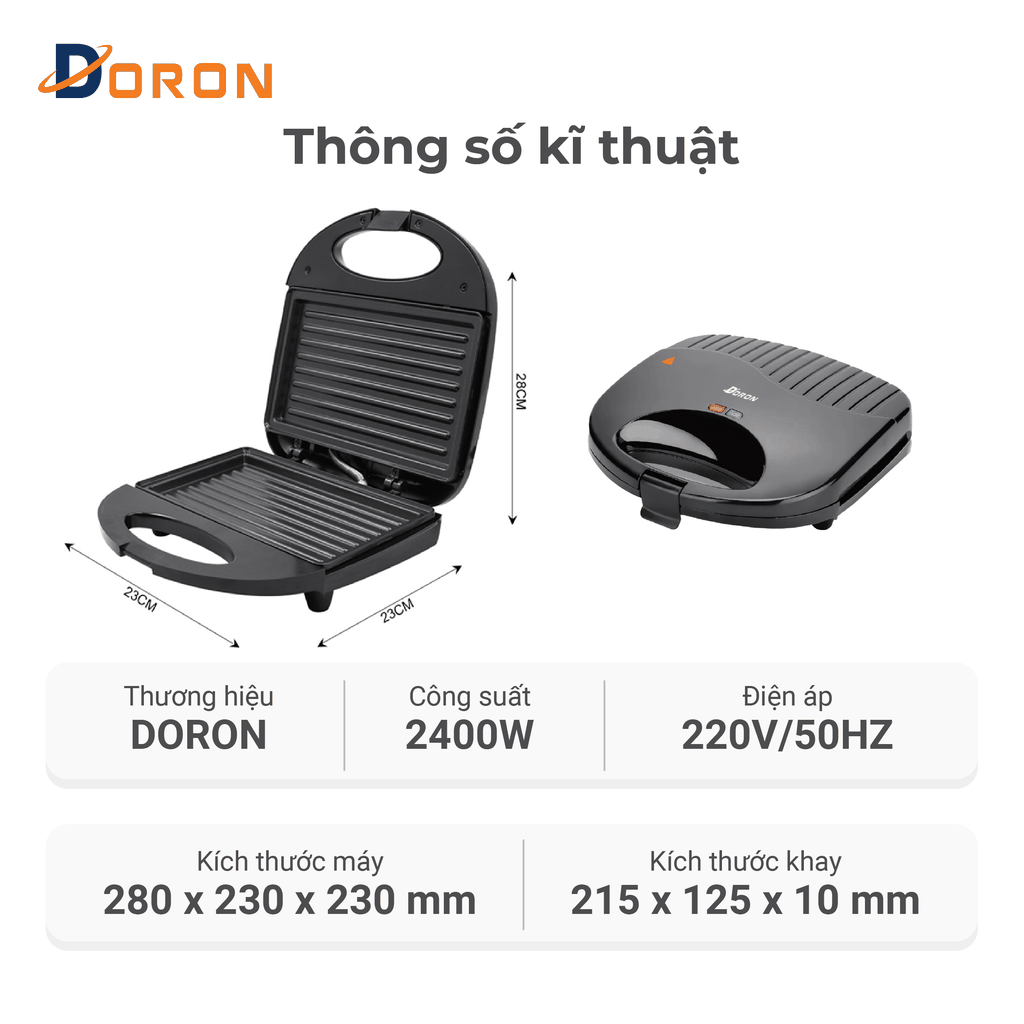 Máy kẹp nướng bánh mì hotdog đơn DORON_ 168, 750W nướng thịt, chiên trứng