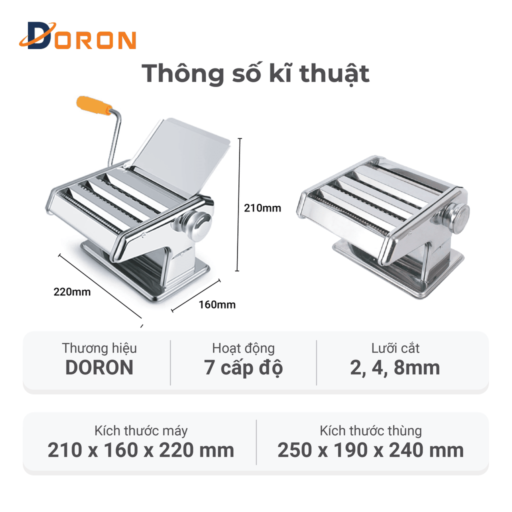 Máy làm mỳ sợi DORON, máy cán bột 3 lưỡi dao làm mì tươi, vỏ bánh đa năng
