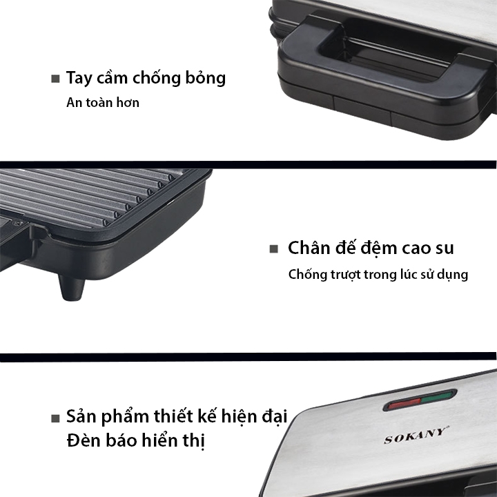 Máy làm bánh đa năng SOKANY 1000W 3 trong 1 nướng bánh mì, bánh waffle, nướng thịt