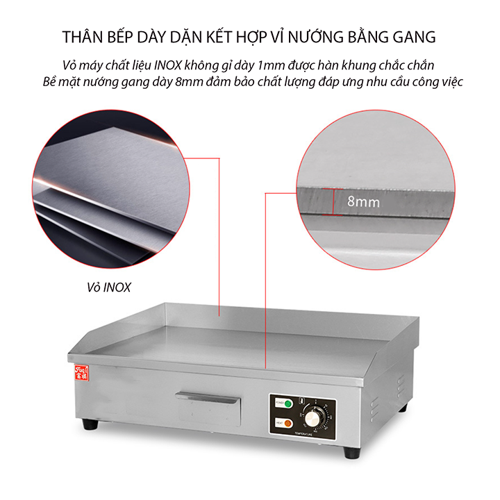 Bếp chiên rán mặt phẳng 3000W gia nhiệt kép, chống dính telfon siêu bền