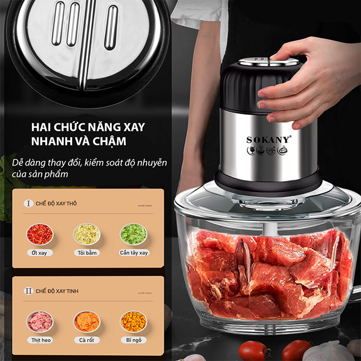 Máy xay thịt cối thủy tinh SOKANY 800W dung tích 2l xay thịt cá, rau củ đa năng