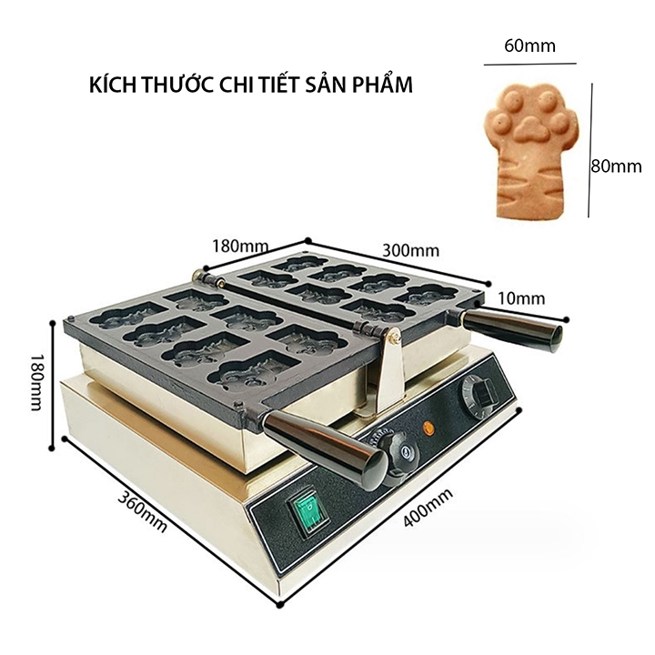 Máy làm bánh waffle tay mèo 1800W gia nhiệt kép 2 mặt, chống dính telfon siêu bền