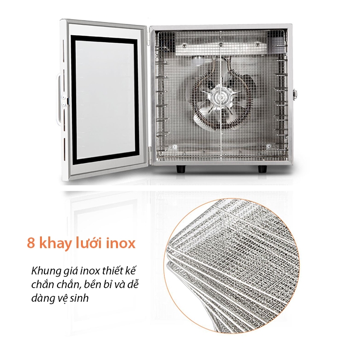 Máy sấy hoa quả thực phẩm 8 khay inox, sấy khô dẻo trái cây tiên lợi