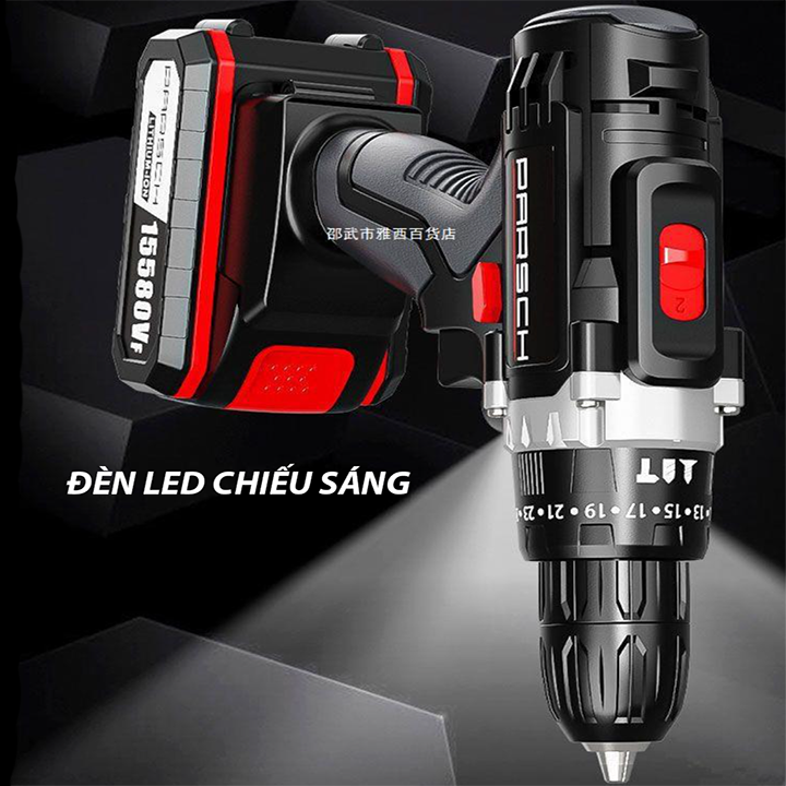Máy vặn ốc vít, máy khoan pin động cơ lõi đồng, 2 cấp độ có đèn led chiếu sáng