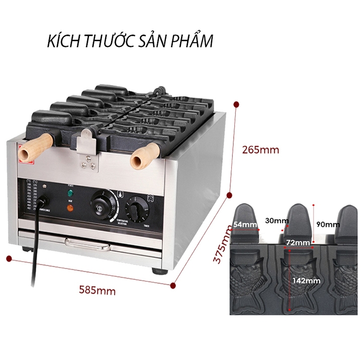 Máy làm bánh cá đựng kem 5 con 3000W điều chỉnh 50 - 300 độ, hẹn giờ chính xác