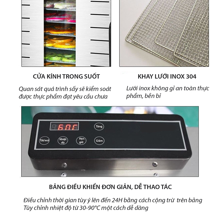 Máy sấy thực phẩm đa năng, sấy khô trái cây 12 tầng inox