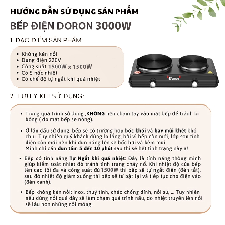 Bếp điện mini đa năng DORON 3000W 5 mức điều chỉnh nhiệt, nóng nhanh giữ nhiệt lâu