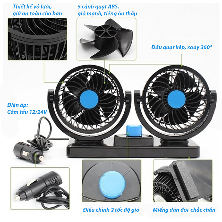 Quạt mini ô tô 10W cắm nguồn tẩu 12v đa năng xoay 360 độ siêu mát