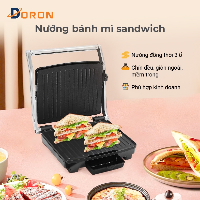 Máy kẹp nướng bánh mì hotdog vừa DORON_ 163 2000W nướng thịt, chiên trứng