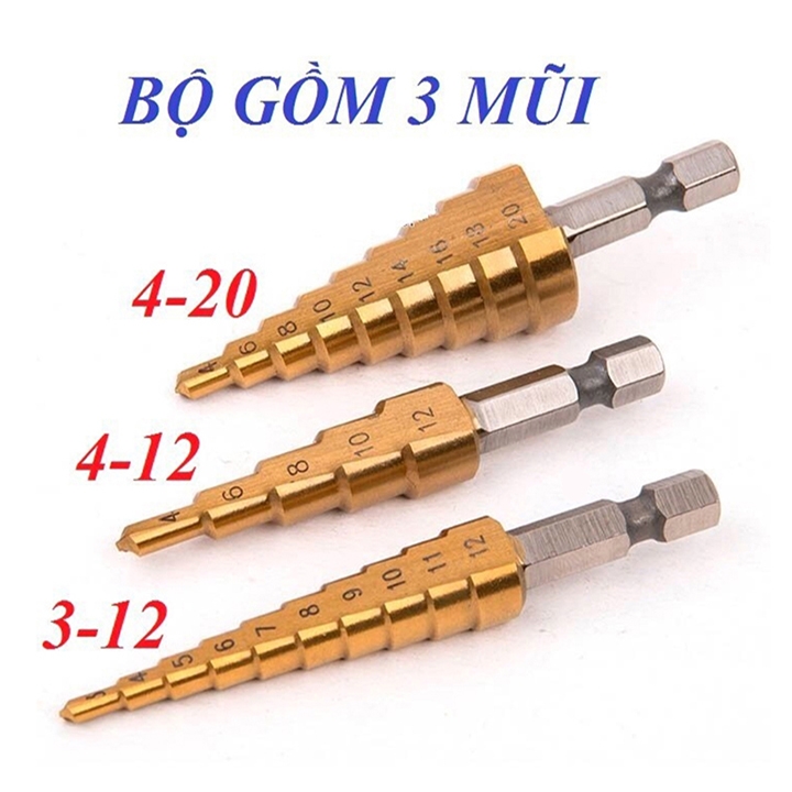 Bộ 3 mũi khoan tháp tầng bước titanium 4 - 20mm khoan sắt , tôn