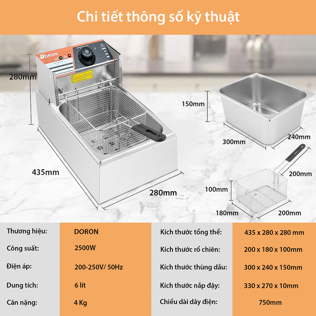 Bếp chiên nhúng điện DORON 2500W nhiệt độ cao, sôi cực nhanh