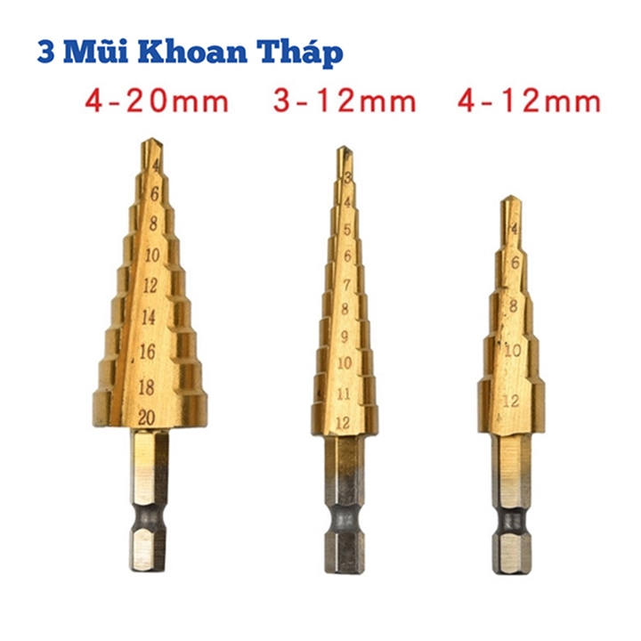 Bộ 3 mũi khoan tháp tầng bước titanium 4 - 20mm khoan sắt , tôn