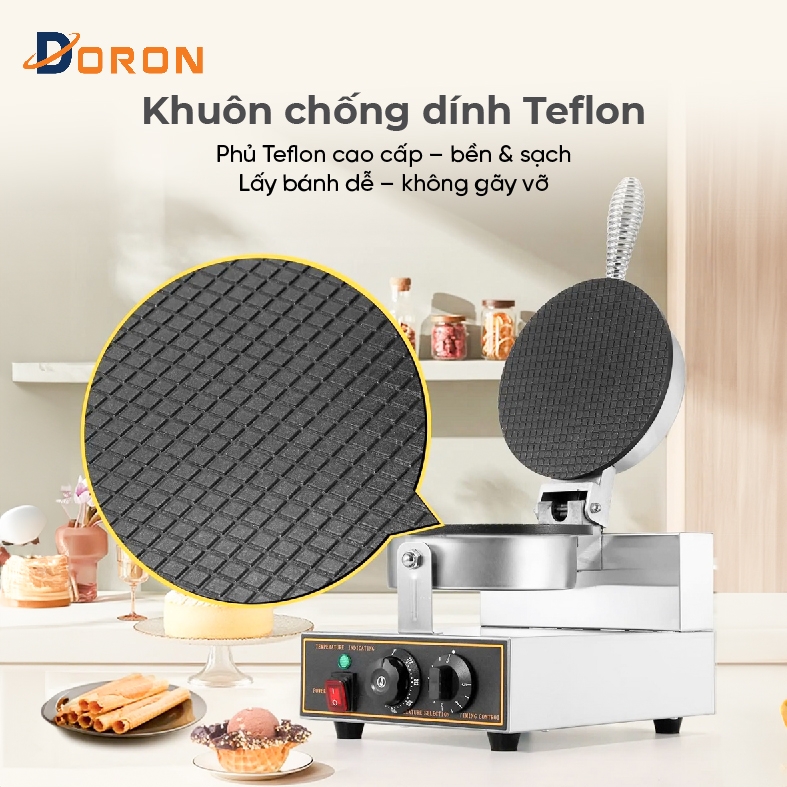 Máy làm bánh ốc quế công nghiệp DORON_130,1200W điều chỉnh 50 - 250 độ, làm nóng nhanh