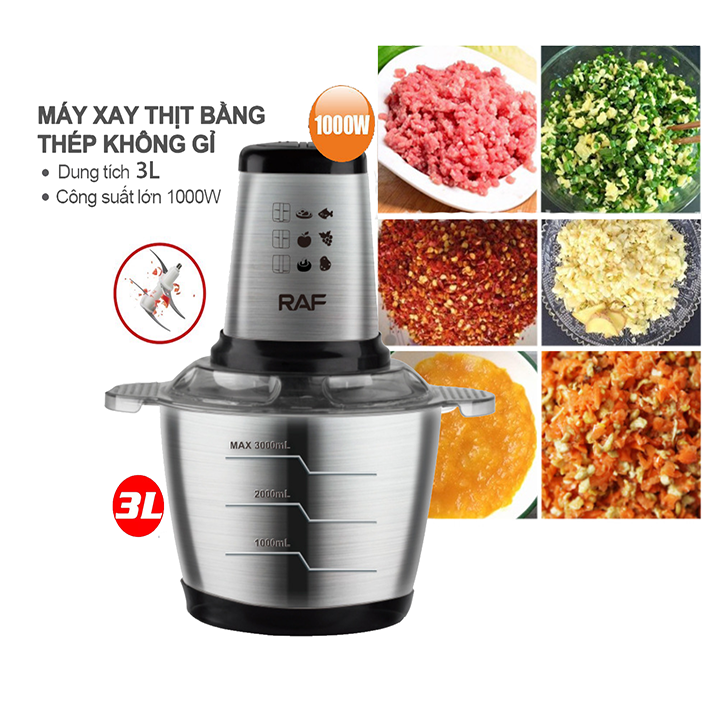 Máy xay thịt, xay rau củ quả RAF 1000W cối 3 lít công suất cao, xay thịt nhanh chóng