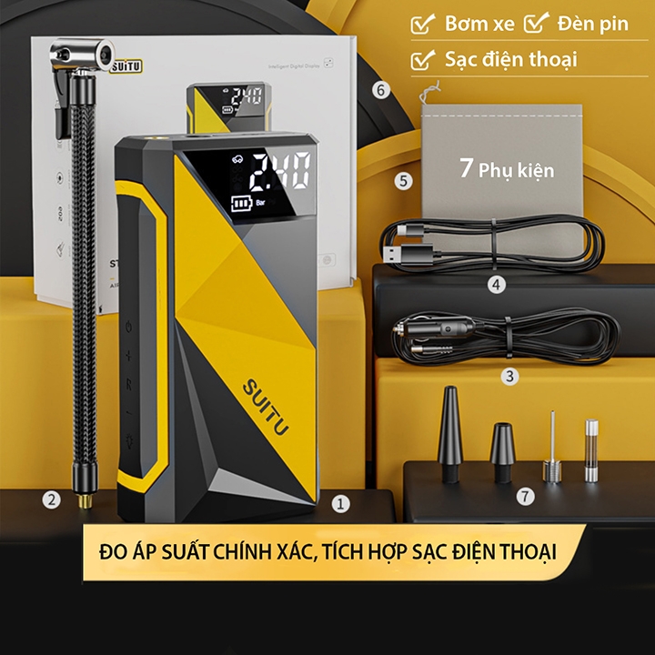 Bơm lốp ô tô tự động SUITU 60W đa năng bơm lốp, đèn chiếu sáng, sạc dự phòng [ BH_ 6 Tháng]