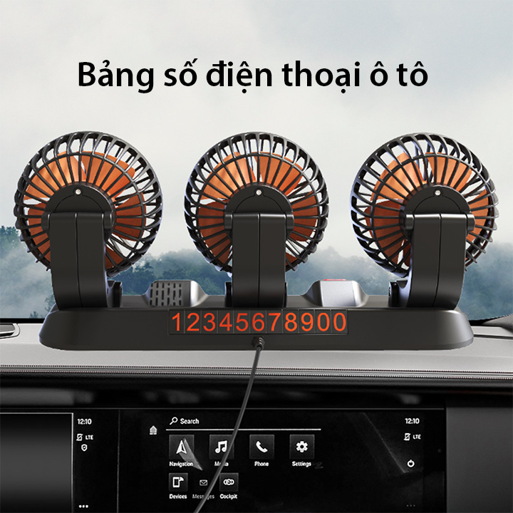 Quạt ô tô 3 đầu xoay 360 độ, quạt để bàn làm việc có bảng số điện thoại ô tô