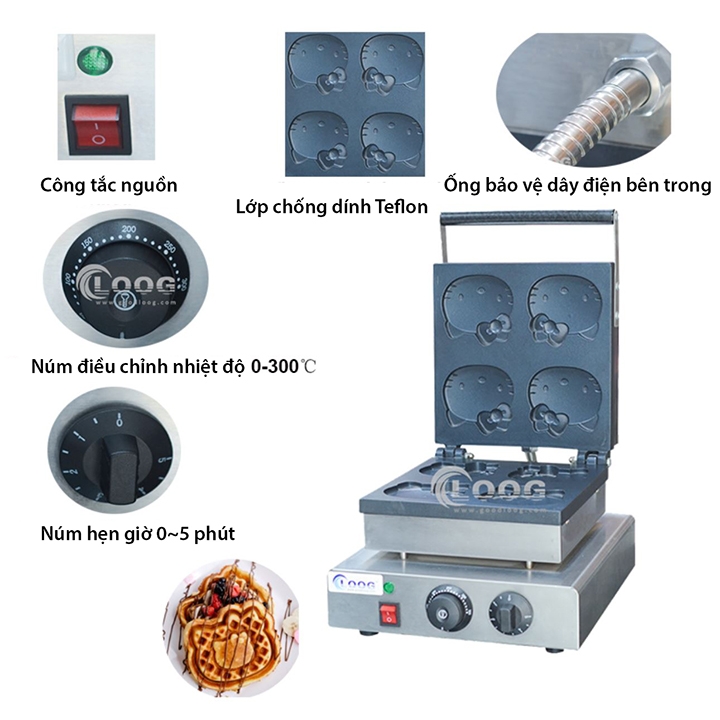 Máy làm mặt hello kitty 1800W gia nhiệt kép 2 mặt, chống dính telfon siêu bền