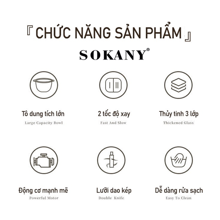 Máy xay thịt cối thủy tinh SOKANY 800W dung tích 2l xay thịt cá, rau củ đa năng