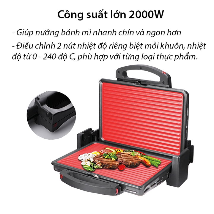 Máy kẹp nướng bánh mì SOKANY 2000W gia nhiệt kép, chống dính telfon siêu bền
