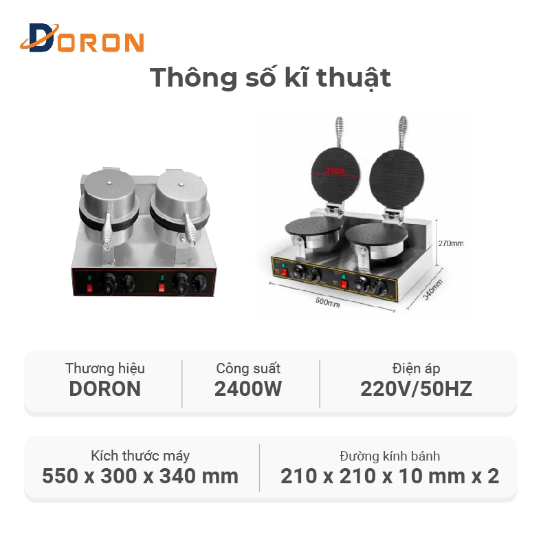 Máy làm bánh ốc quế công nghiệp đôi DORON_131 2400W kiểm soát nhiệt độ chính xác, bánh thơm ngon