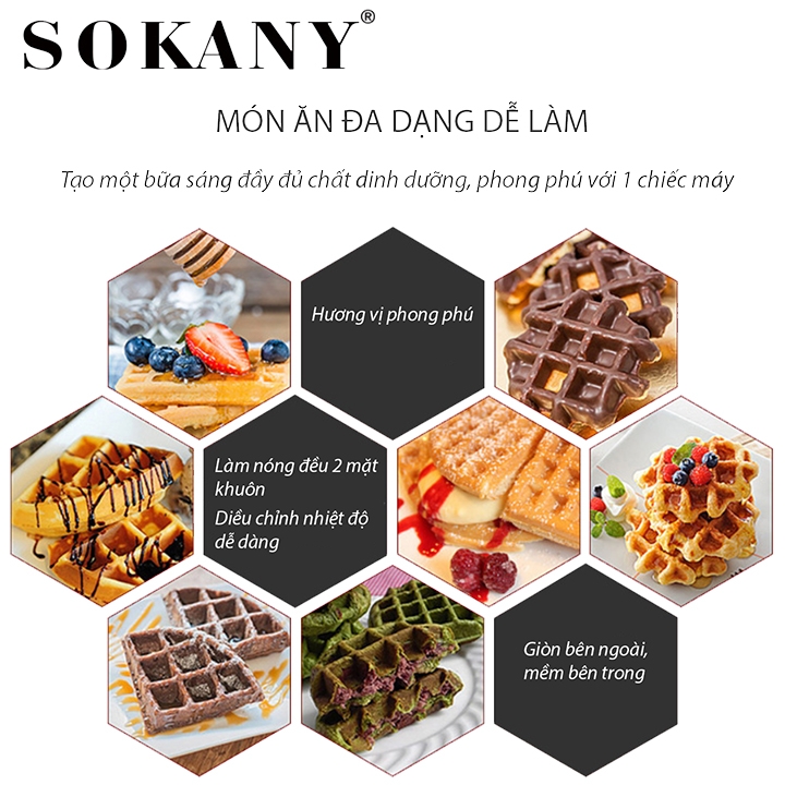 Máy làm bánh waffle đôi SOKANY 1000W làm nóng nhanh chín đều 2 mặt khuôn
