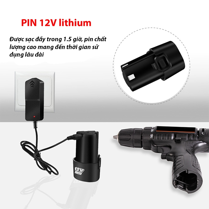 Máy khoan pin, bắt vít nhông kim loại ruột lõi đồng, có đảo chiều, đèn led