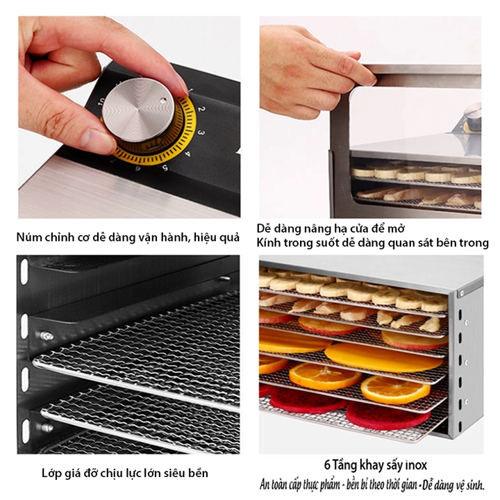 Máy sấy hoa quả sấy khô, sấy thực phẩm thịt trái cây 6 khay inox