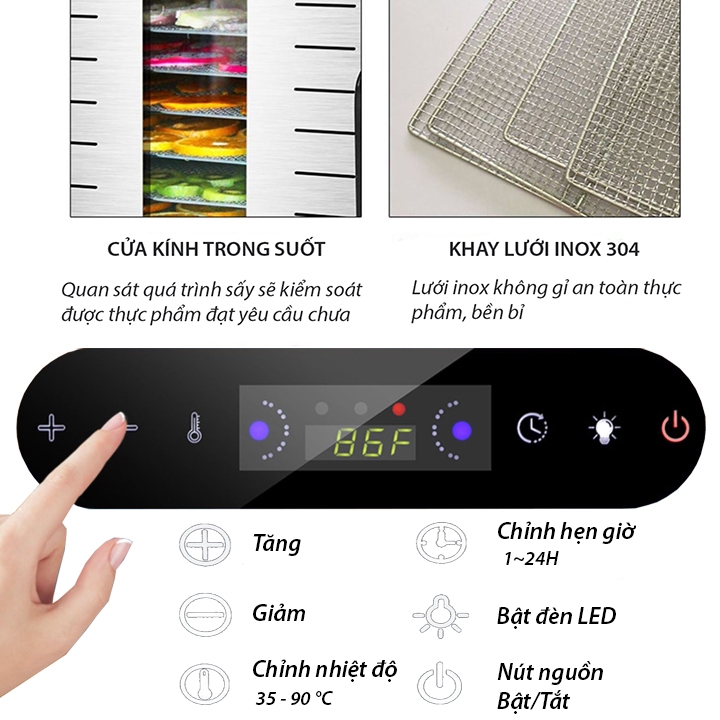 Máy sấy hoa quả, thực phẩm đa năng 18 khay inox sấy 360 độ
