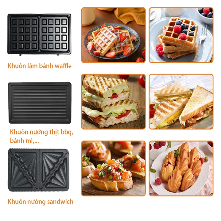 Máy làm bánh đa năng SOKANY 1000W 3 trong 1 nướng bánh mì, bánh waffle, nướng thịt