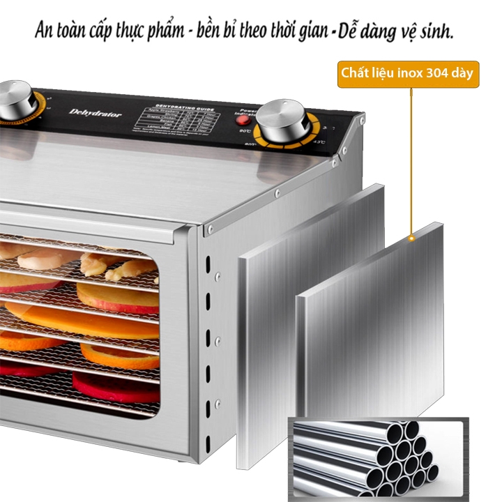 Máy sấy hoa quả sấy khô, sấy thực phẩm thịt trái cây 6 khay inox