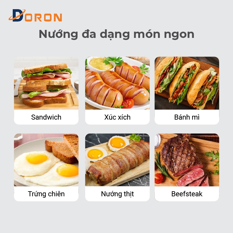 Máy kẹp nướng bánh mì hotdog đôi DORON_ 162  1400W nướng thịt, chiên trứng