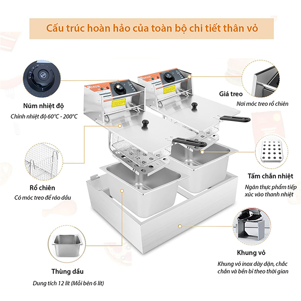 Bếp chiên nhúng đôi DORON 5000W hệ thống gia nhiệt kép nóng nhanh, sôi mạnh