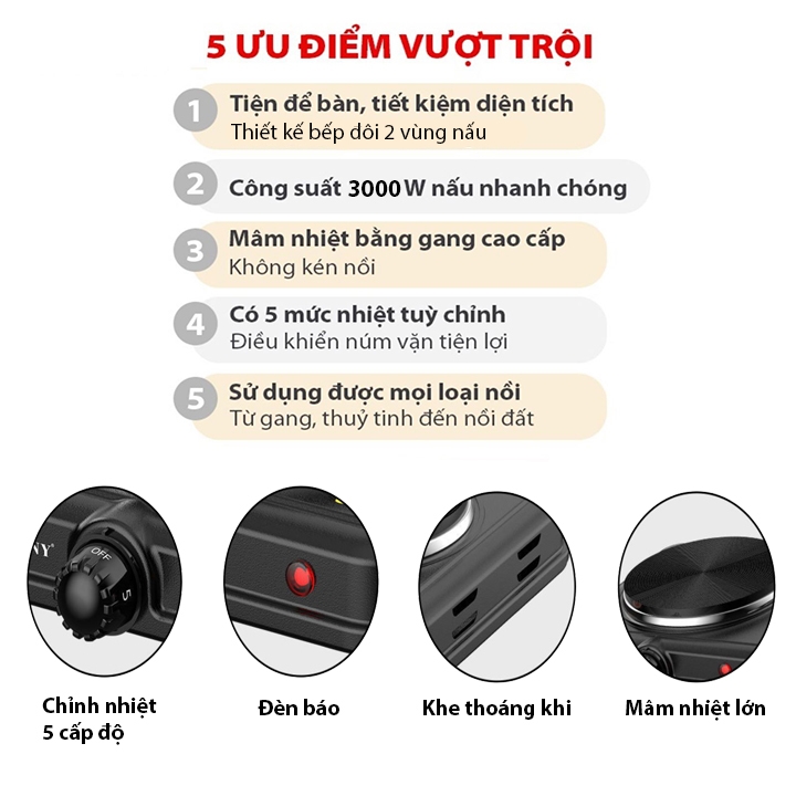 Bếp điện mini đa năng DORON 3000W 5 mức điều chỉnh nhiệt, nóng nhanh giữ nhiệt lâu