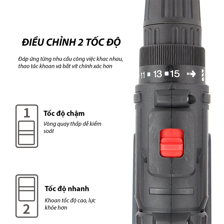 Máy khoan pin, bắt vít nhông kim loại ruột lõi đồng, có đảo chiều, đèn led